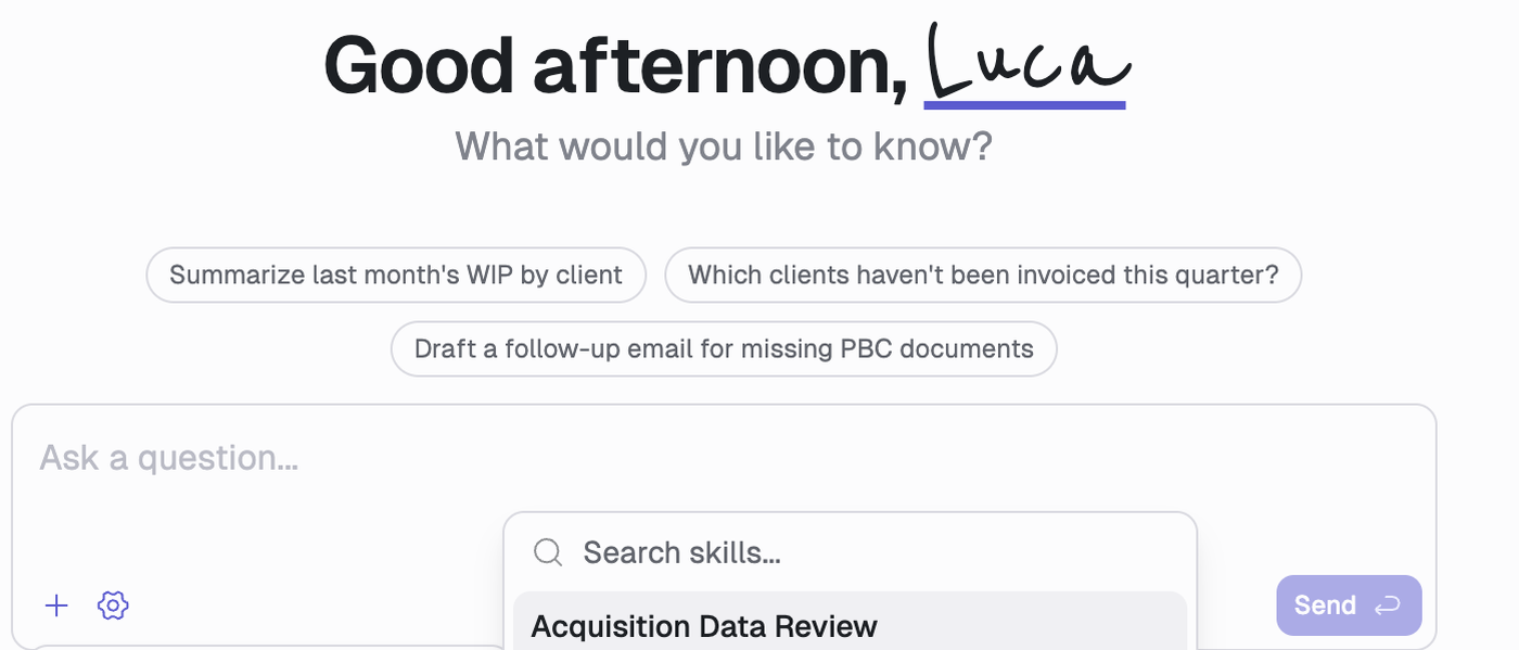 The Answers home screen, greeting the user by name and asking what they would like to know, with three suggested prompts: summarize last month's WIP by client, which clients haven't been invoiced this quarter, and draft a follow-up email for missing PBC documents.