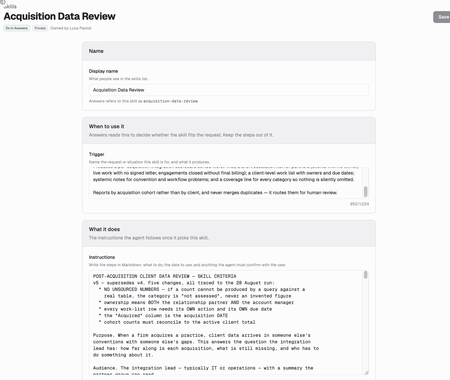 The skill editor showing three sections: Name with a display name and the derived technical name, When to use it with the Trigger field and a 952 of 1,024 character counter, and What it does with the Instructions field in Markdown.