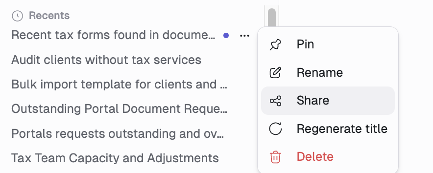 The actions menu on a sidebar thread, with Pin, Rename, Share, Regenerate title and Delete. Share is highlighted and Delete is in red.