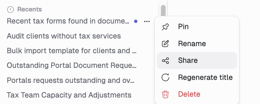 The actions menu on a sidebar thread, with Pin, Rename, Share, Regenerate title and Delete. Share is highlighted and Delete is in red.