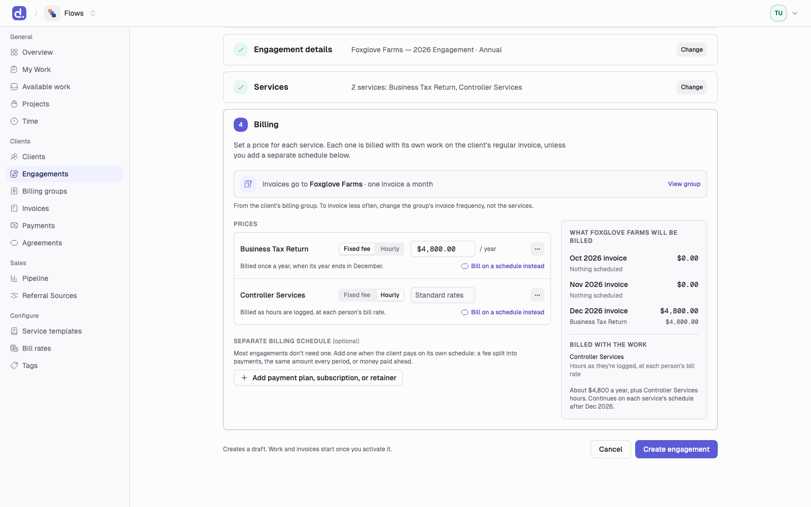 The Billing step of engagement creation, with a fixed fee and an hourly service priced on their rows and the preview panel beside them.