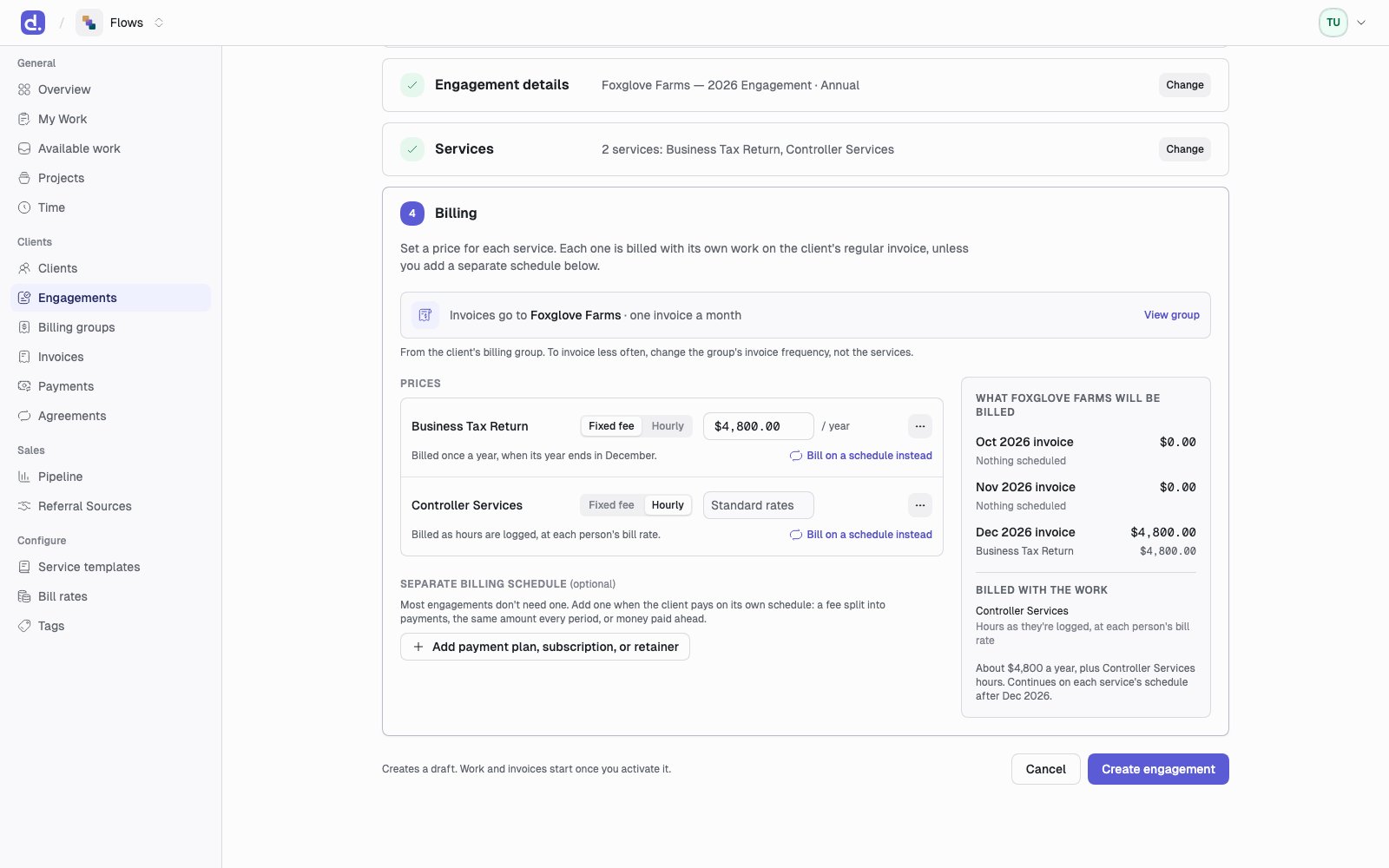 The Billing step of engagement creation, with a fixed fee and an hourly service priced on their rows and the preview panel beside them.