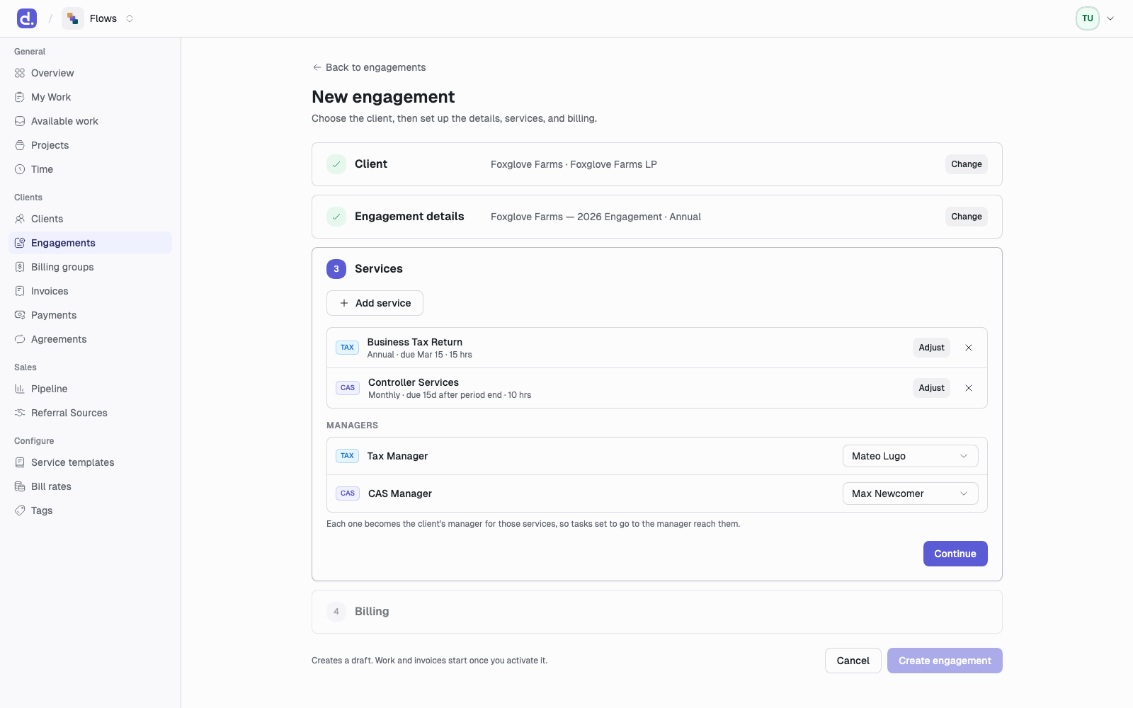 The Services step of engagement creation, with two services added and a Managers section holding a Tax Manager and a CAS Manager.
