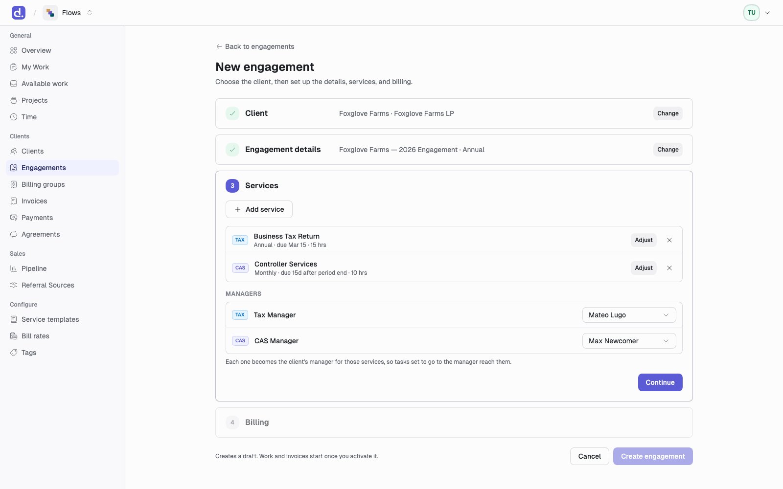 The Services step of engagement creation, with two services added and a Managers section holding a Tax Manager and a CAS Manager.