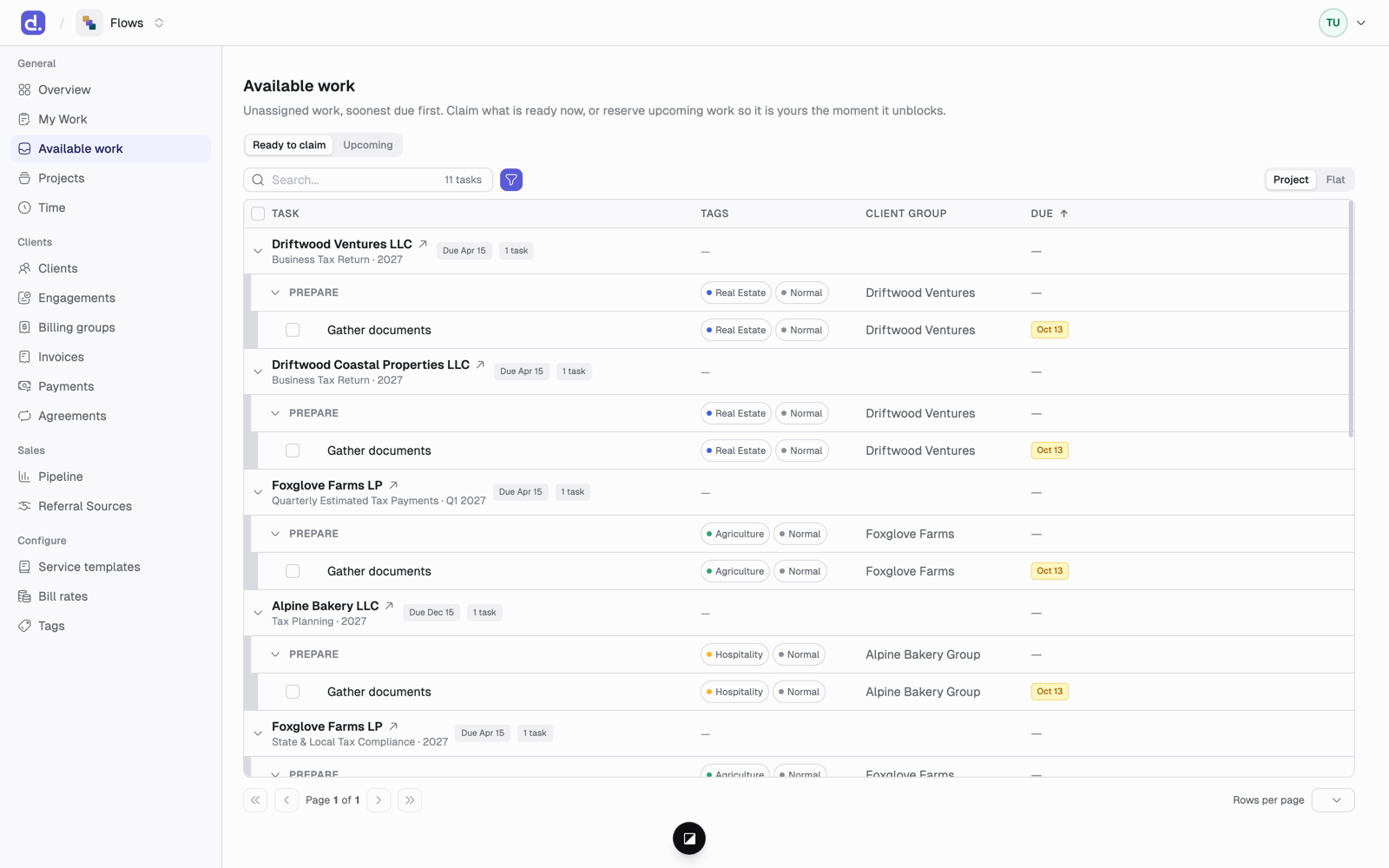 Available work with Ready to claim and Upcoming tabs, listing unassigned tasks grouped under their projects.