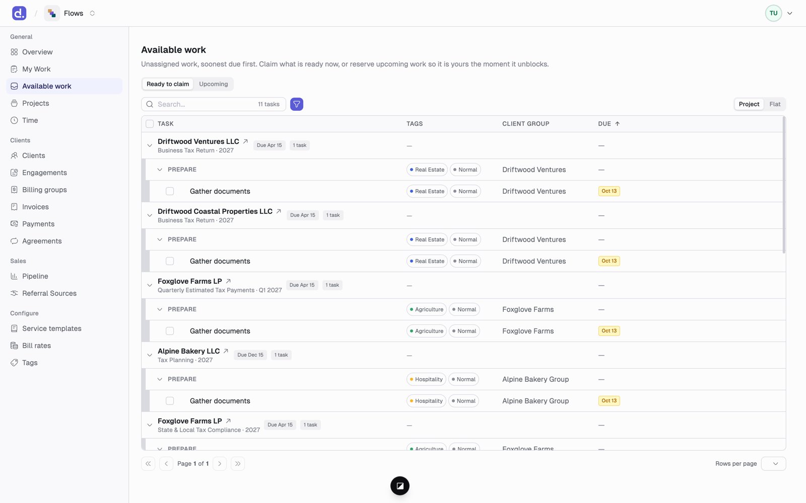 Available work with Ready to claim and Upcoming tabs, listing unassigned tasks grouped under their projects.