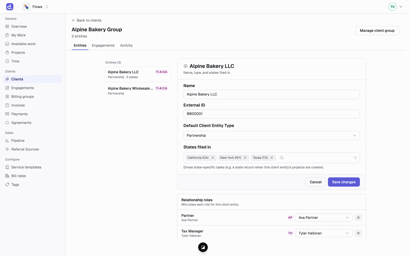 A client page with its entities on the left, the selected entity's name, type and filing states, and the Relationship roles card below.