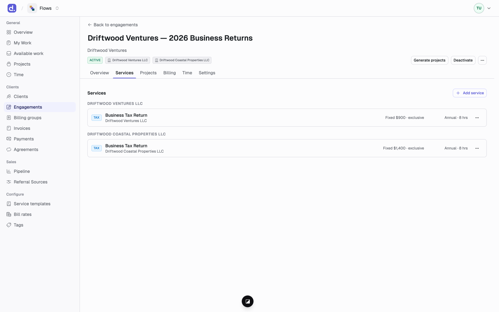 An engagement's Services tab, listing one service per entity with its billing arrangement, cadence, and budgeted hours.