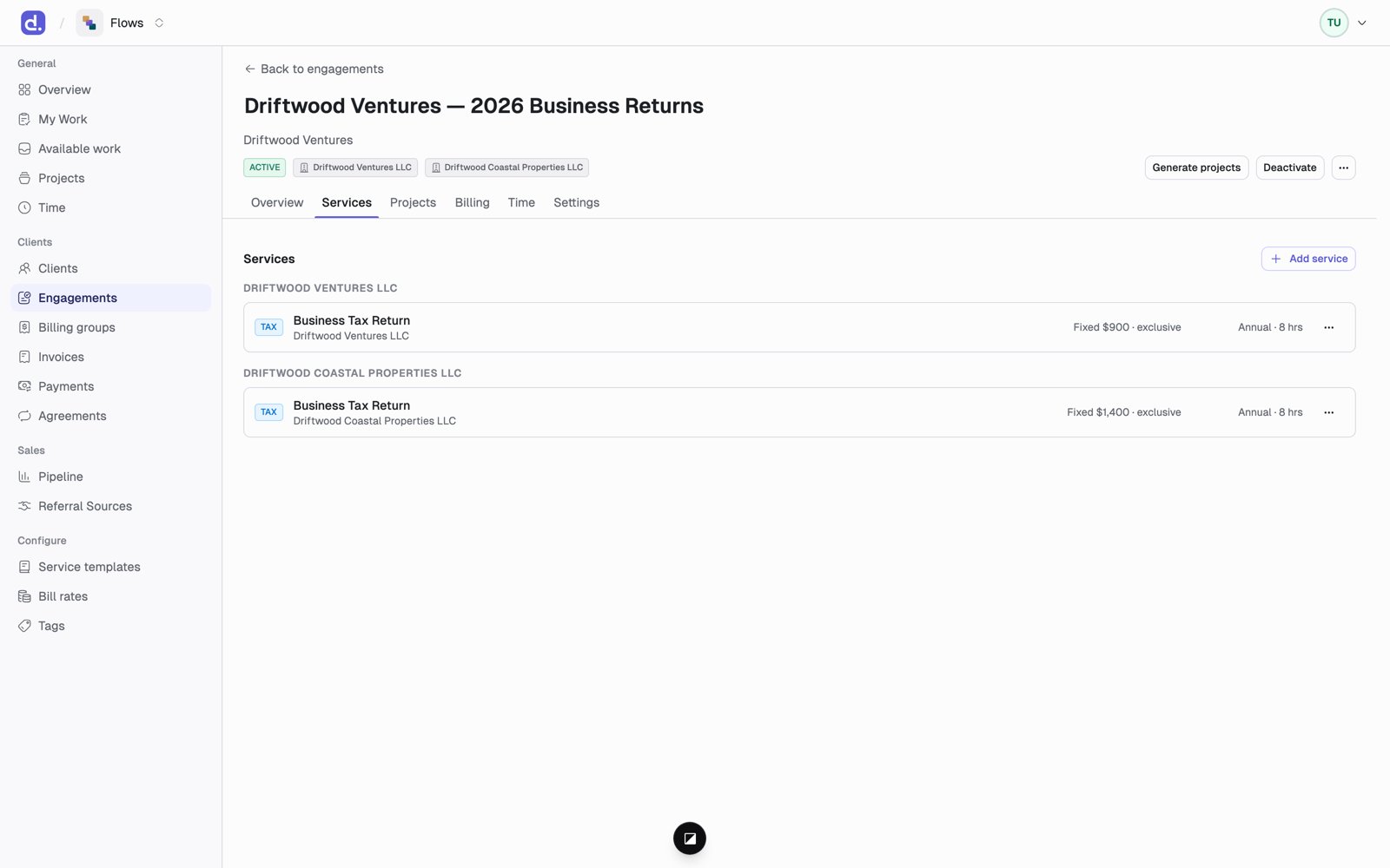 An engagement's Services tab, listing one service per entity with its billing arrangement, cadence, and budgeted hours.