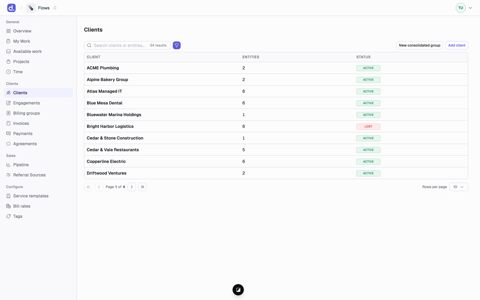 The Flows sidebar beside the Clients list, with General, Clients, Sales, and Configure sections.