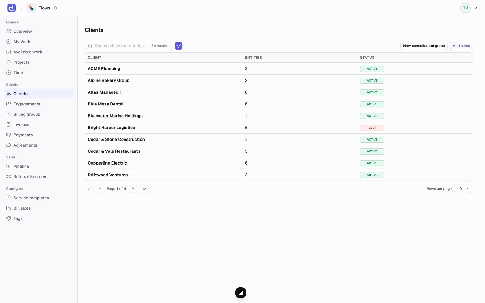 The Flows sidebar beside the Clients list, with General, Clients, Sales, and Configure sections.
