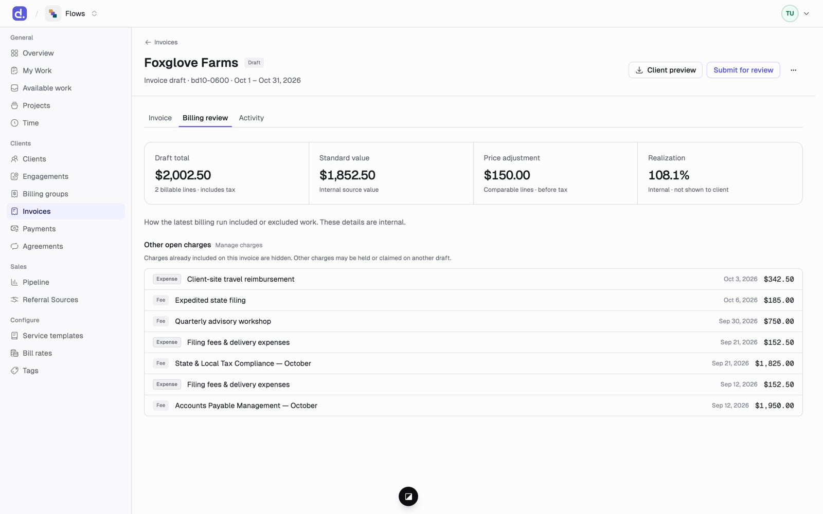 The Billing review tab showing draft total, standard value, price adjustment, and realization, with other open charges listed below.