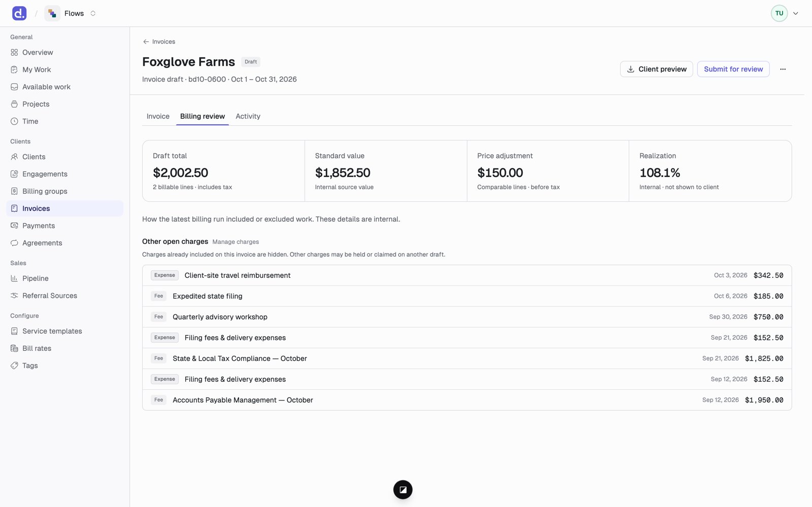 The Billing review tab showing draft total, standard value, price adjustment, and realization, with other open charges listed below.