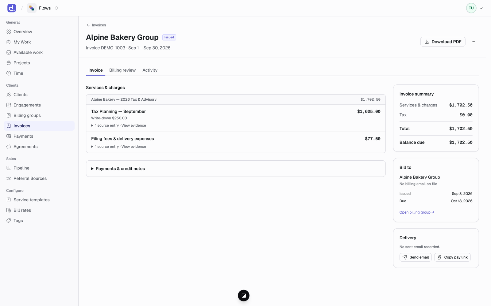 An issued invoice with its permanent number, a Download PDF button, and the Bill to and Delivery panels.