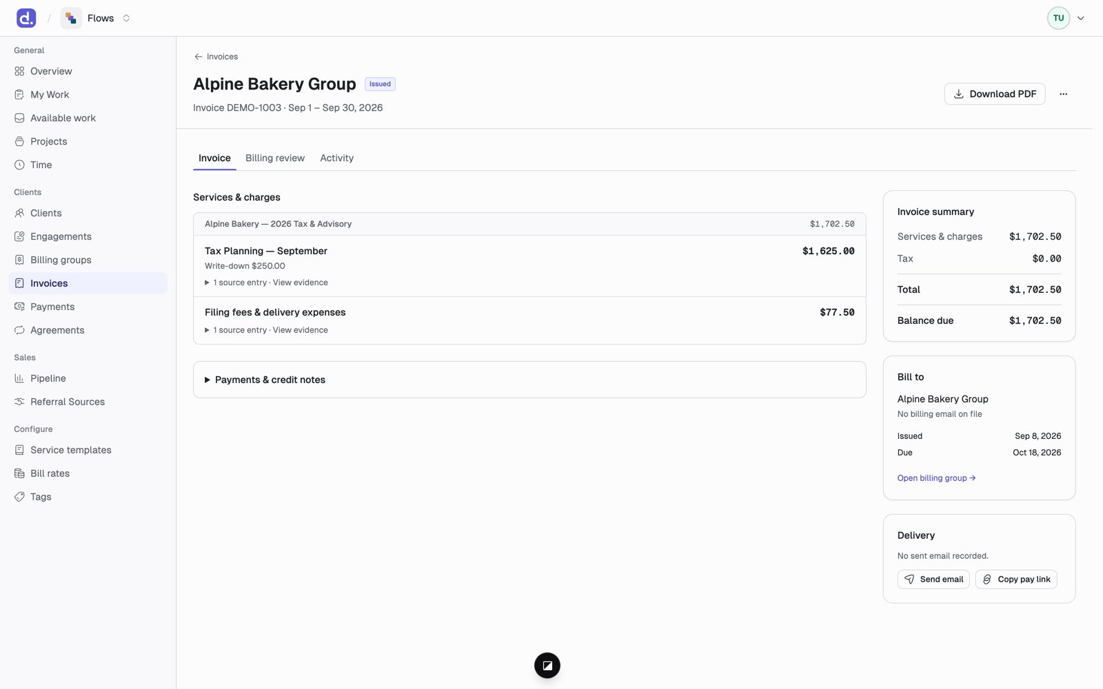 An issued invoice with its permanent number, a Download PDF button, and the Bill to and Delivery panels.