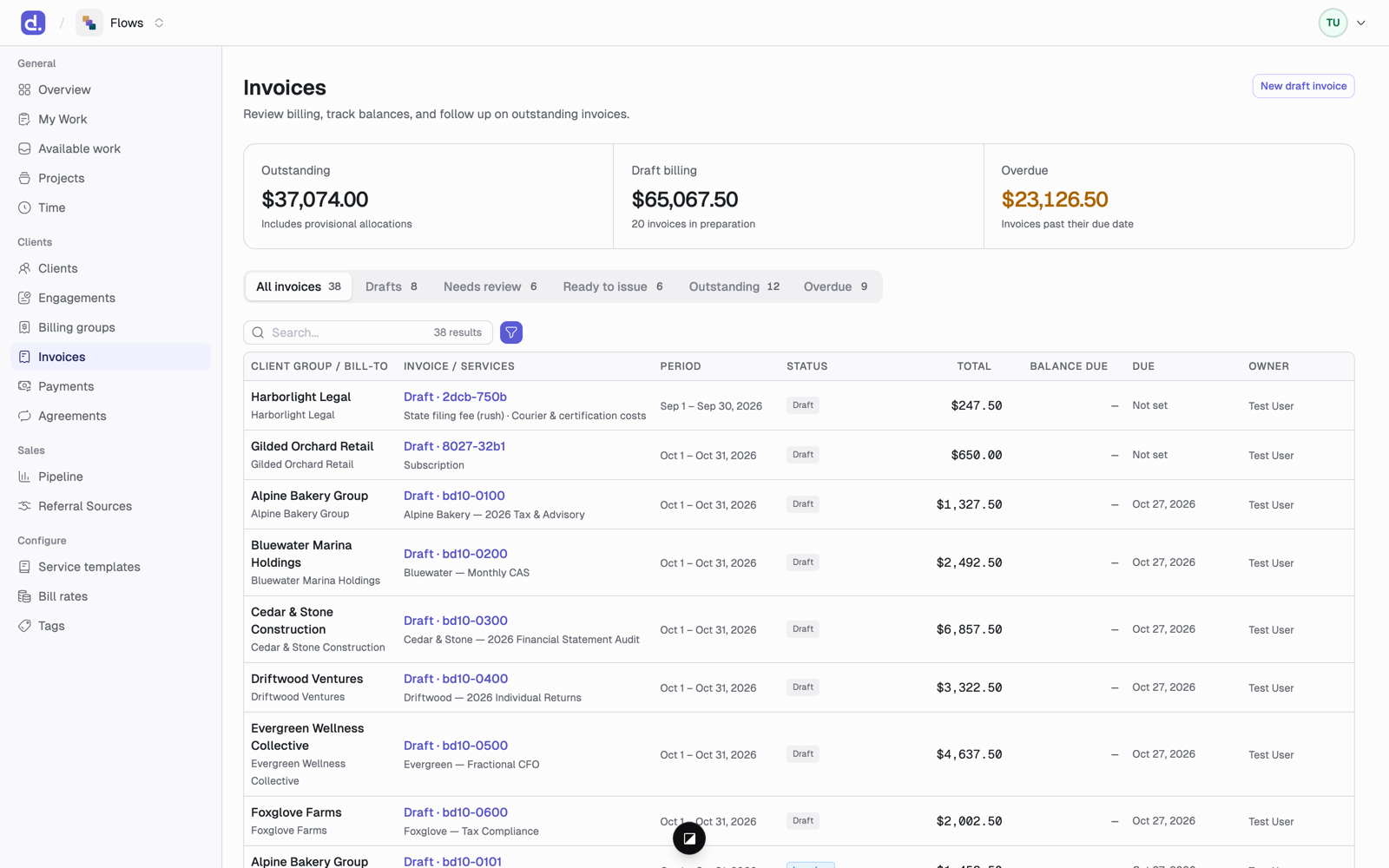 The Invoices page with Outstanding, Draft billing, and Overdue totals and queue tabs above the invoice list.