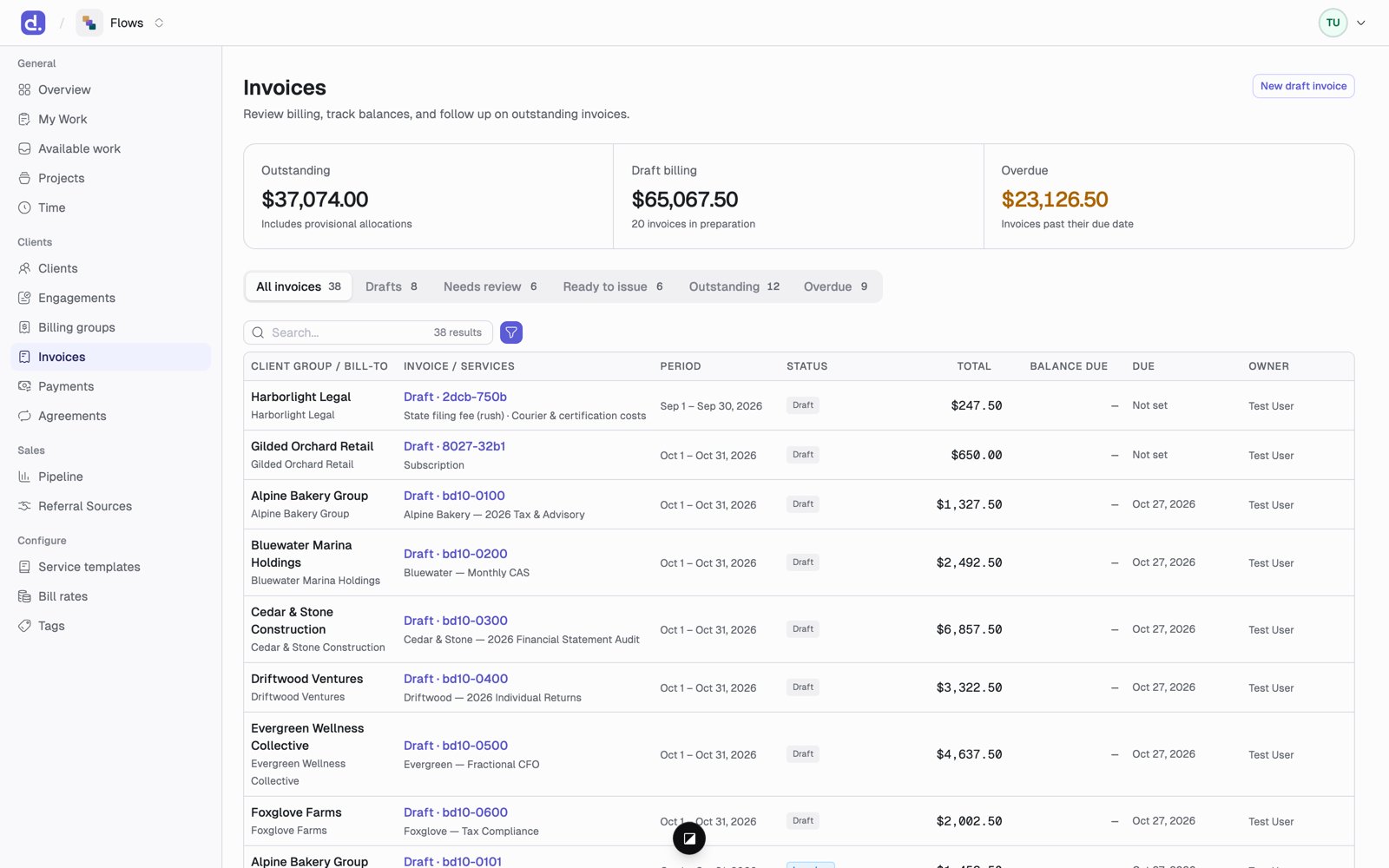 The Invoices page with Outstanding, Draft billing, and Overdue totals and queue tabs above the invoice list.