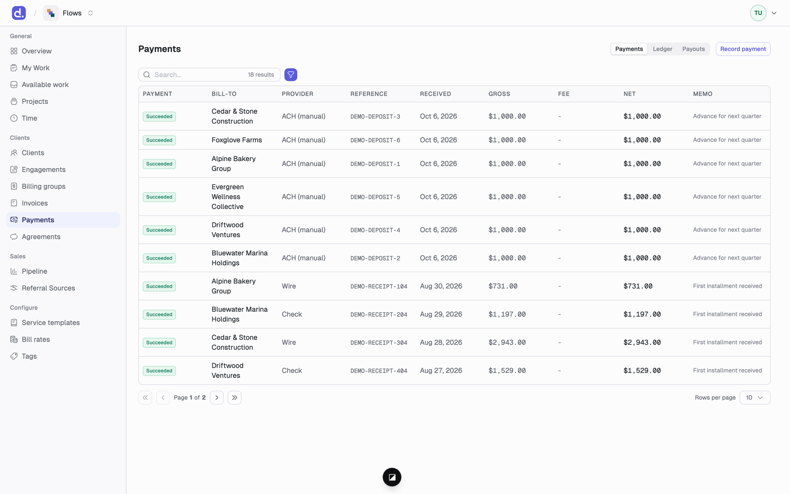 The Payments page listing payments with their state, provider, reference, gross, fee, and net amounts.