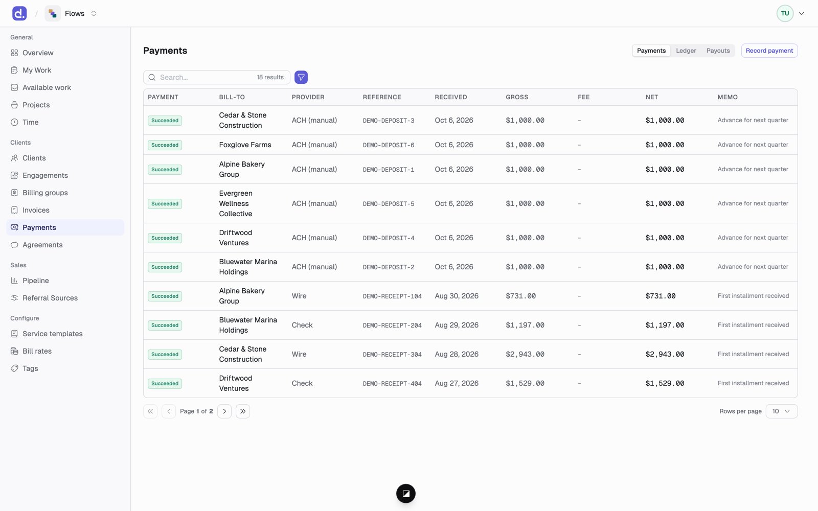 The Payments page listing payments with their state, provider, reference, gross, fee, and net amounts.