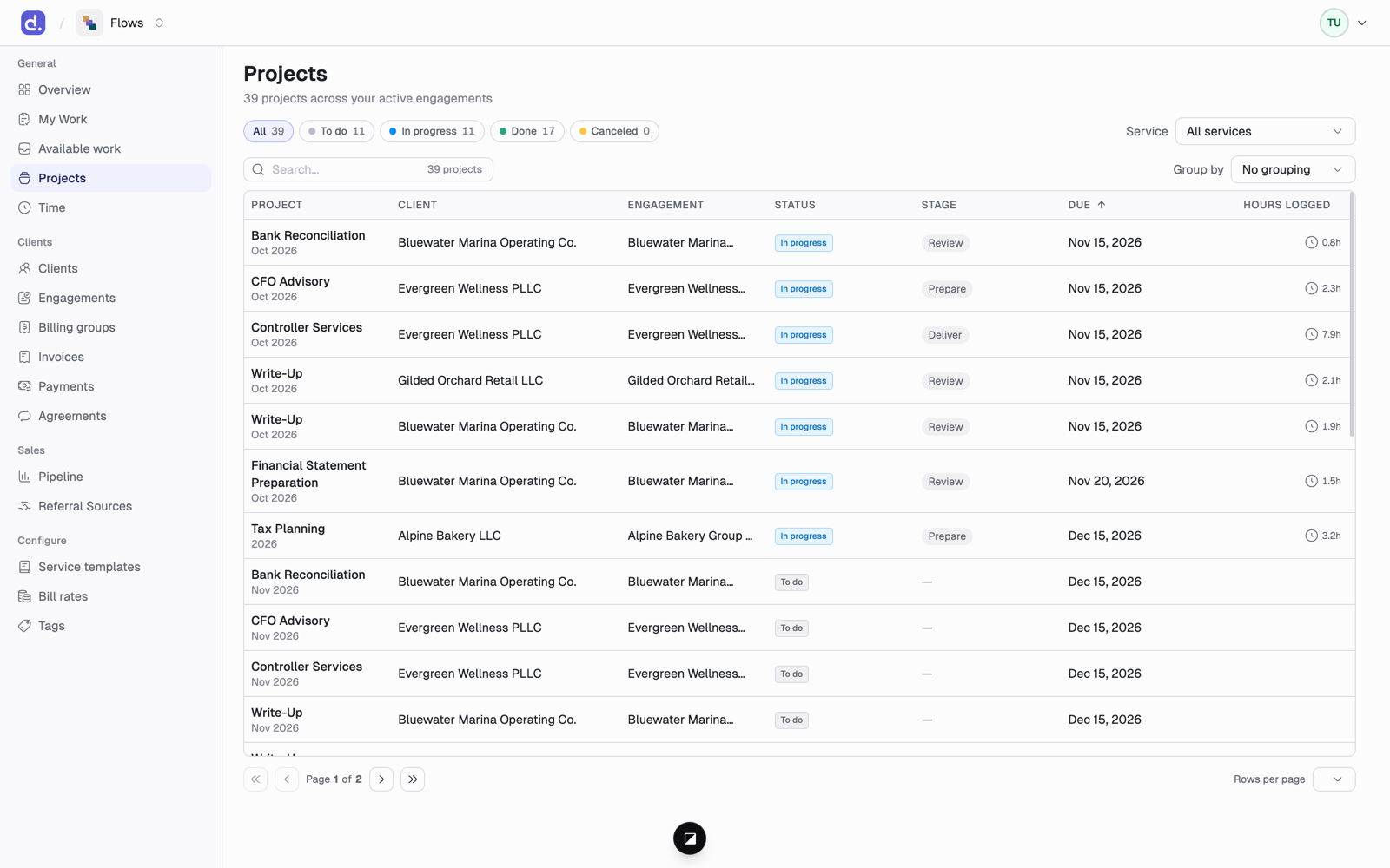 The Projects list with status filter chips, a service filter, and one row per project showing client, engagement, status, and due date.
