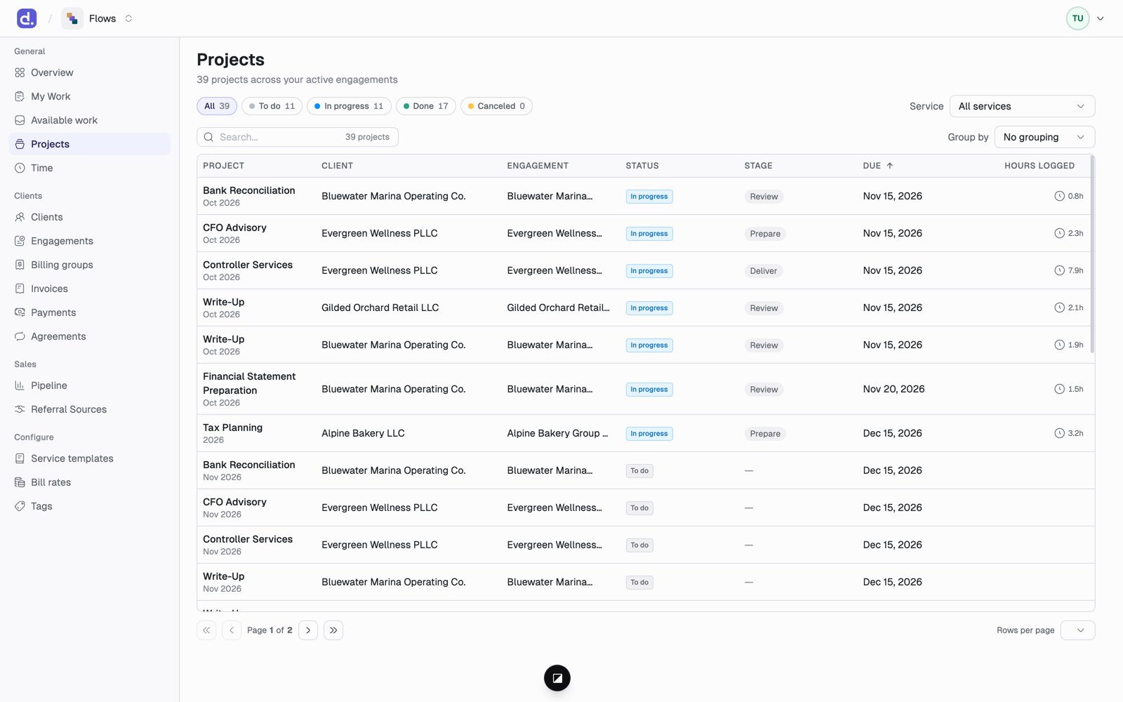 The Projects list with status filter chips, a service filter, and one row per project showing client, engagement, status, and due date.
