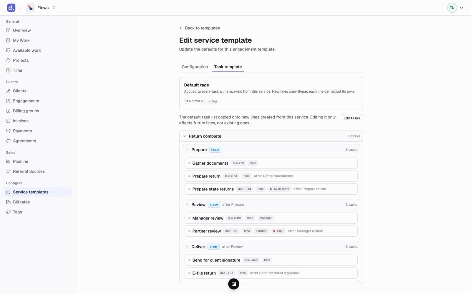 A service template's Task template tab, showing Prepare, Review, and Deliver stages with each task's due offset, time flag, and owner.