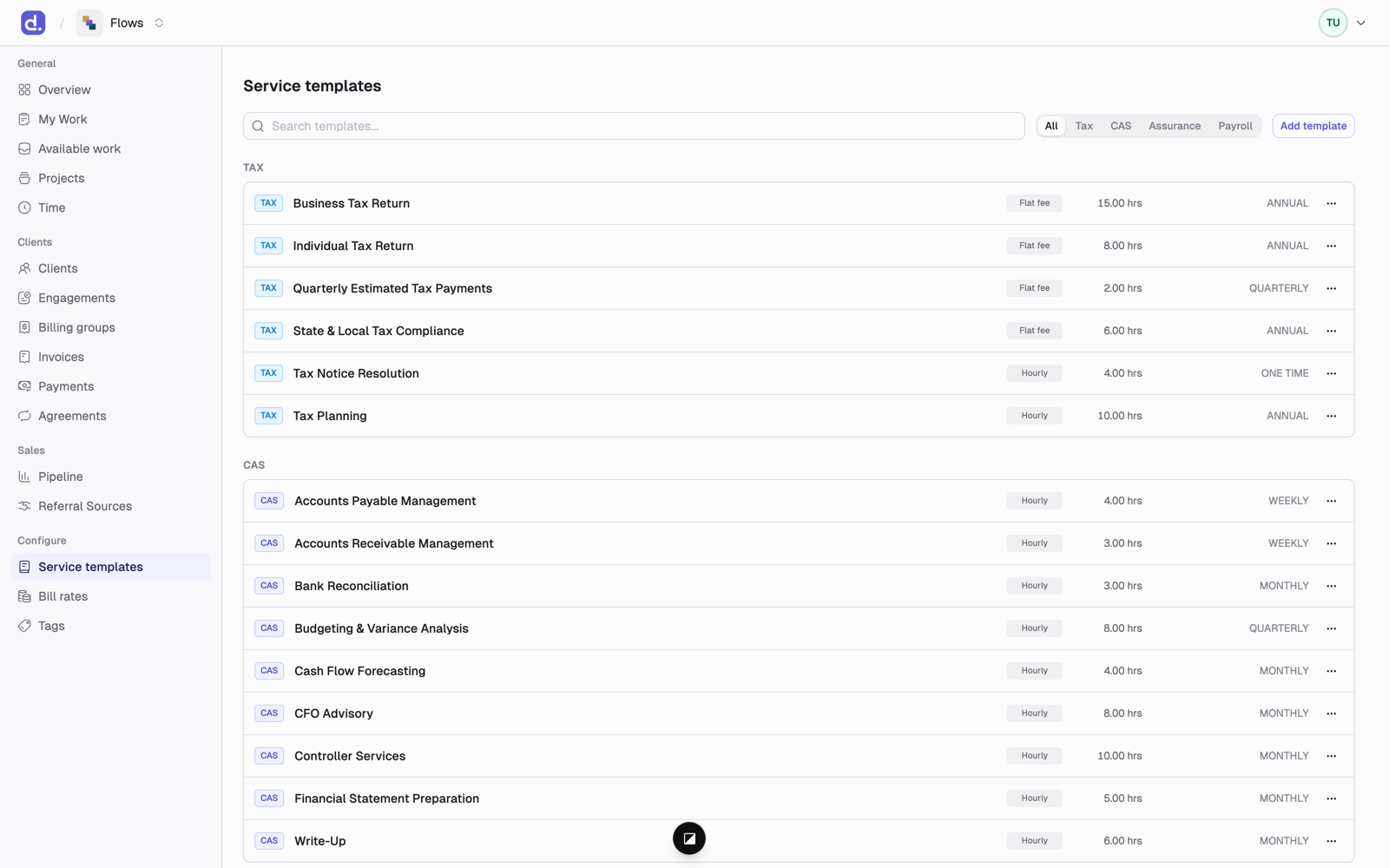 The Service templates list grouped by category, each row showing its pricing type, budgeted hours, and cadence.