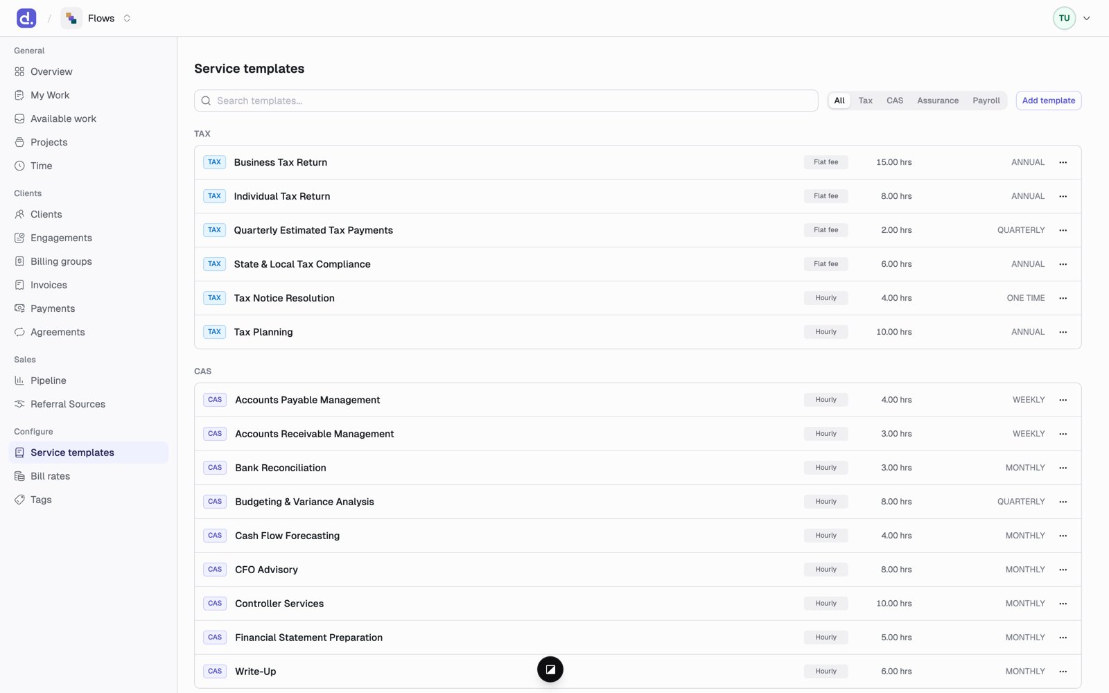 The Service templates list grouped by category, each row showing its pricing type, budgeted hours, and cadence.