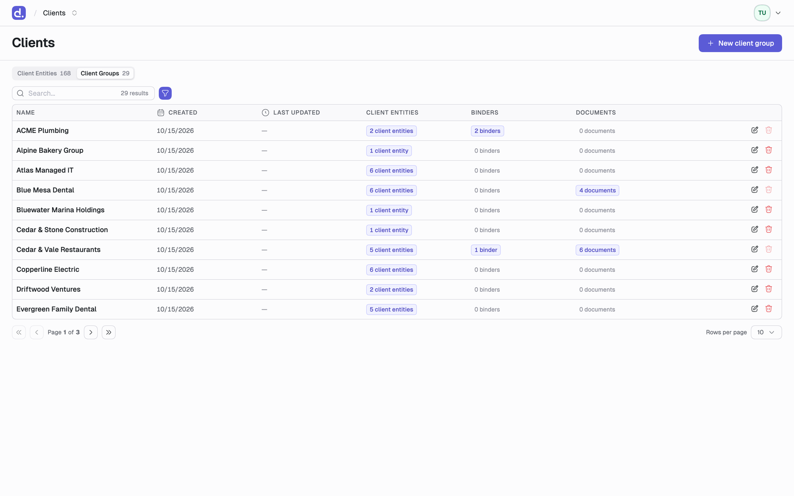 The Clients page on the Client Groups view, listing each group with its created date and its client entity, binder and document counts.