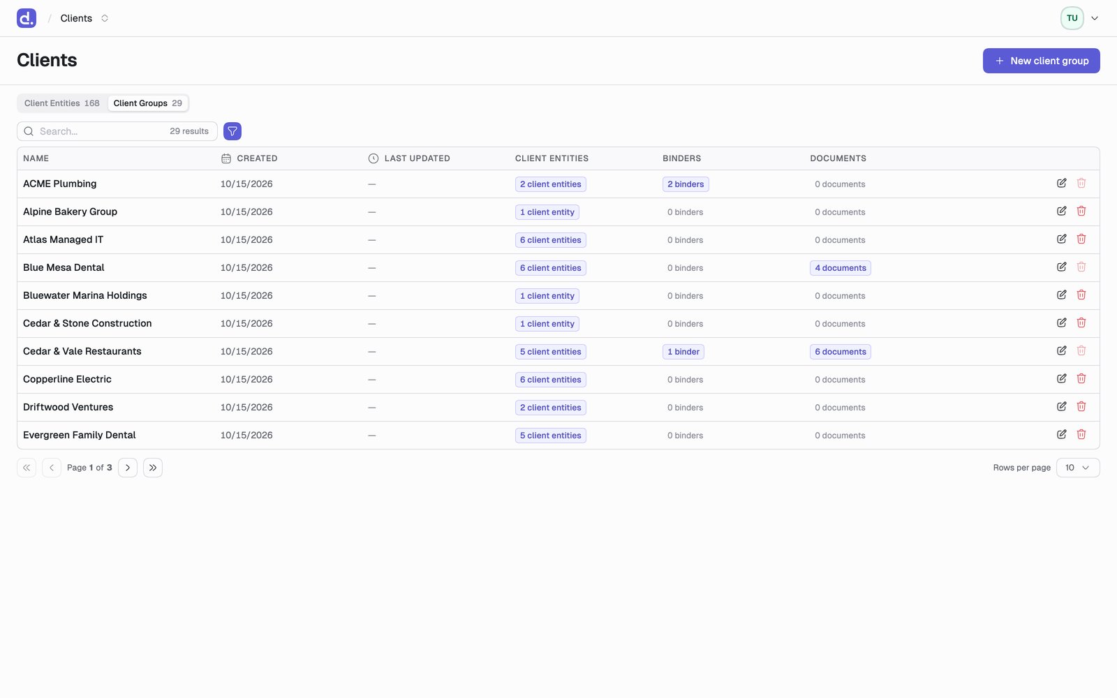 The Clients page on the Client Groups view, listing each group with its created date and its client entity, binder and document counts.