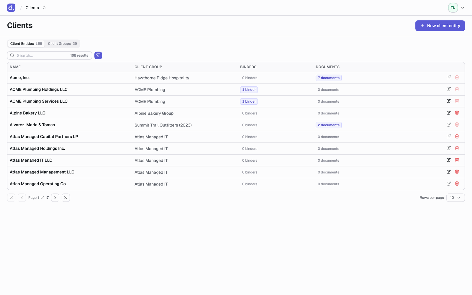 The Clients page on the Client Entities view, listing each entity with its client group and its binder and document counts.