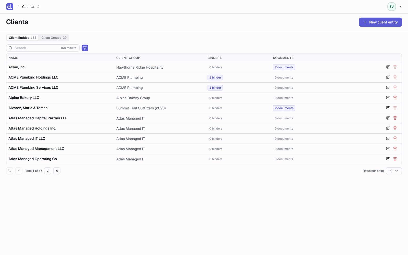 The Clients page on the Client Entities view, listing each entity with its client group and its binder and document counts.