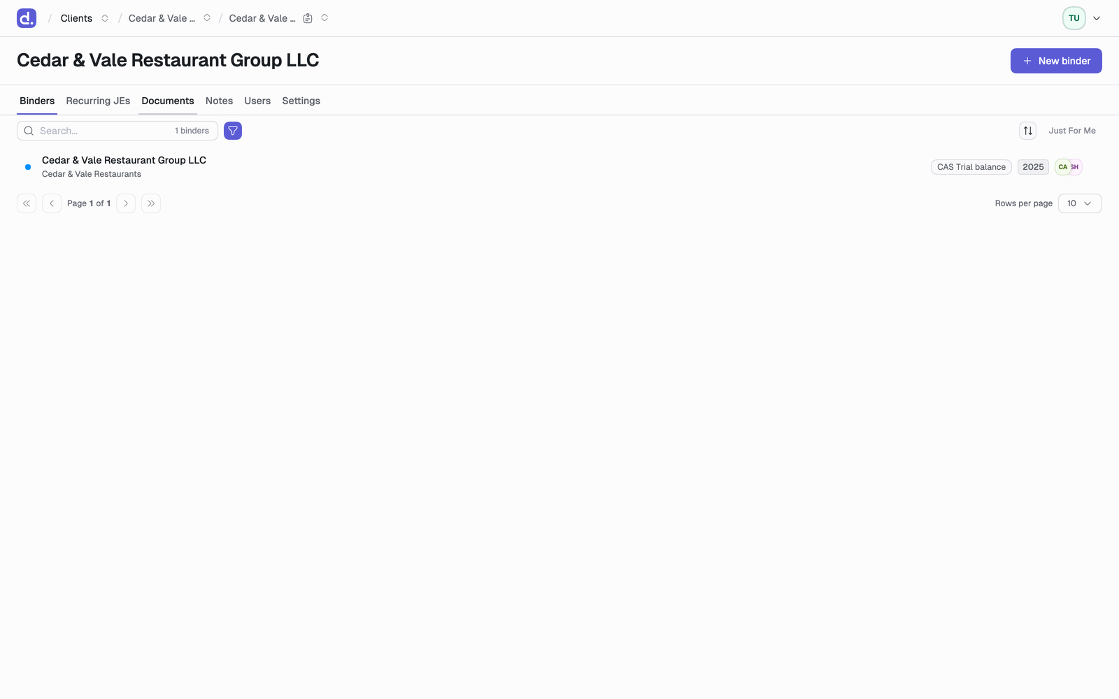 A client entity page showing the Binders, Recurring JEs, Documents, Notes, Users and Settings tabs.