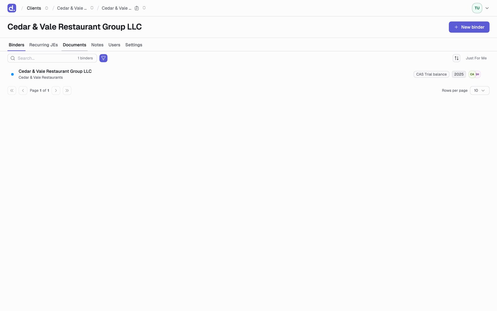 A client entity page showing the Binders, Recurring JEs, Documents, Notes, Users and Settings tabs.