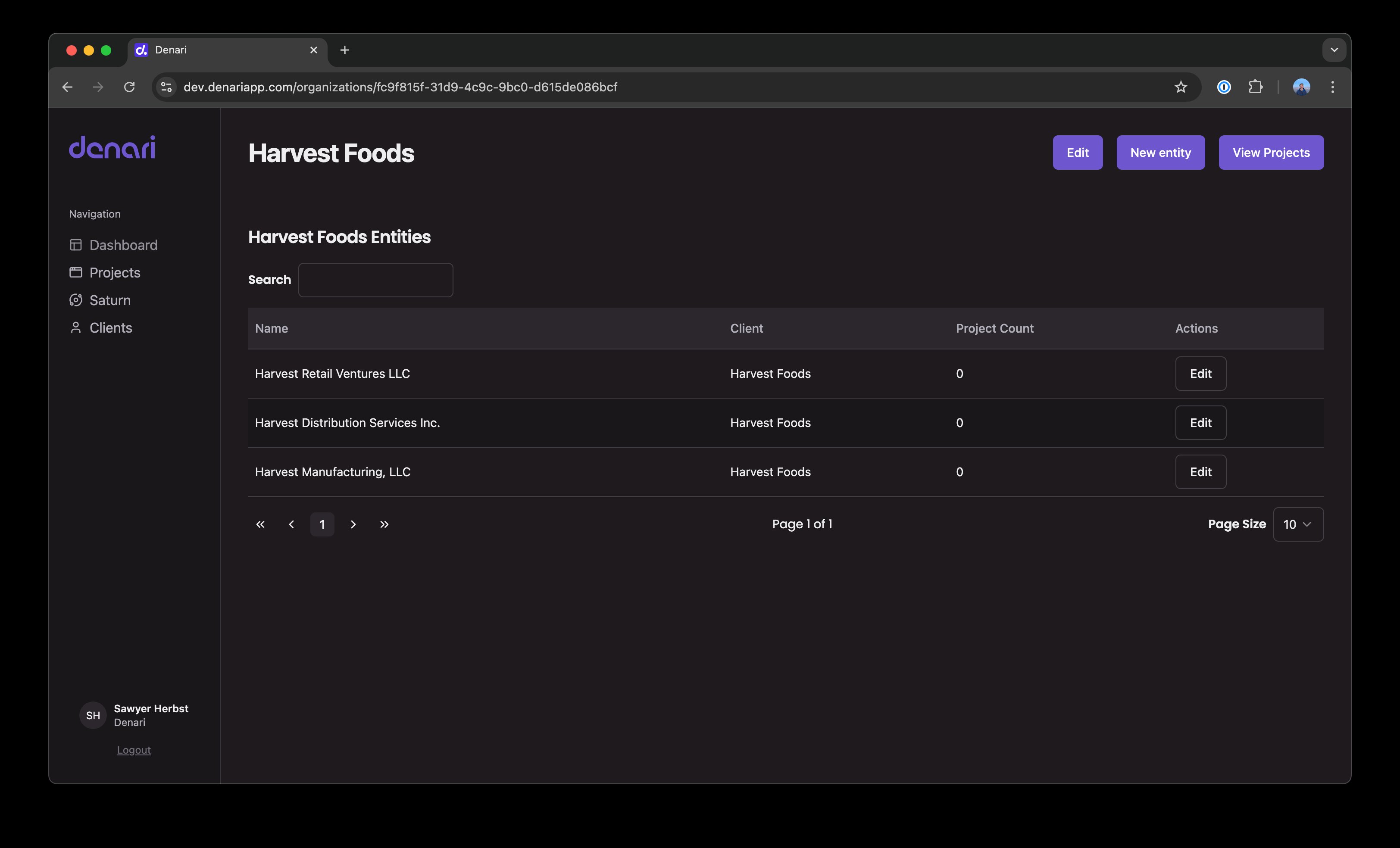 Client page for Harvest Foods showing a table of associated entities with Name, Client, Project Count, and Actions columns.