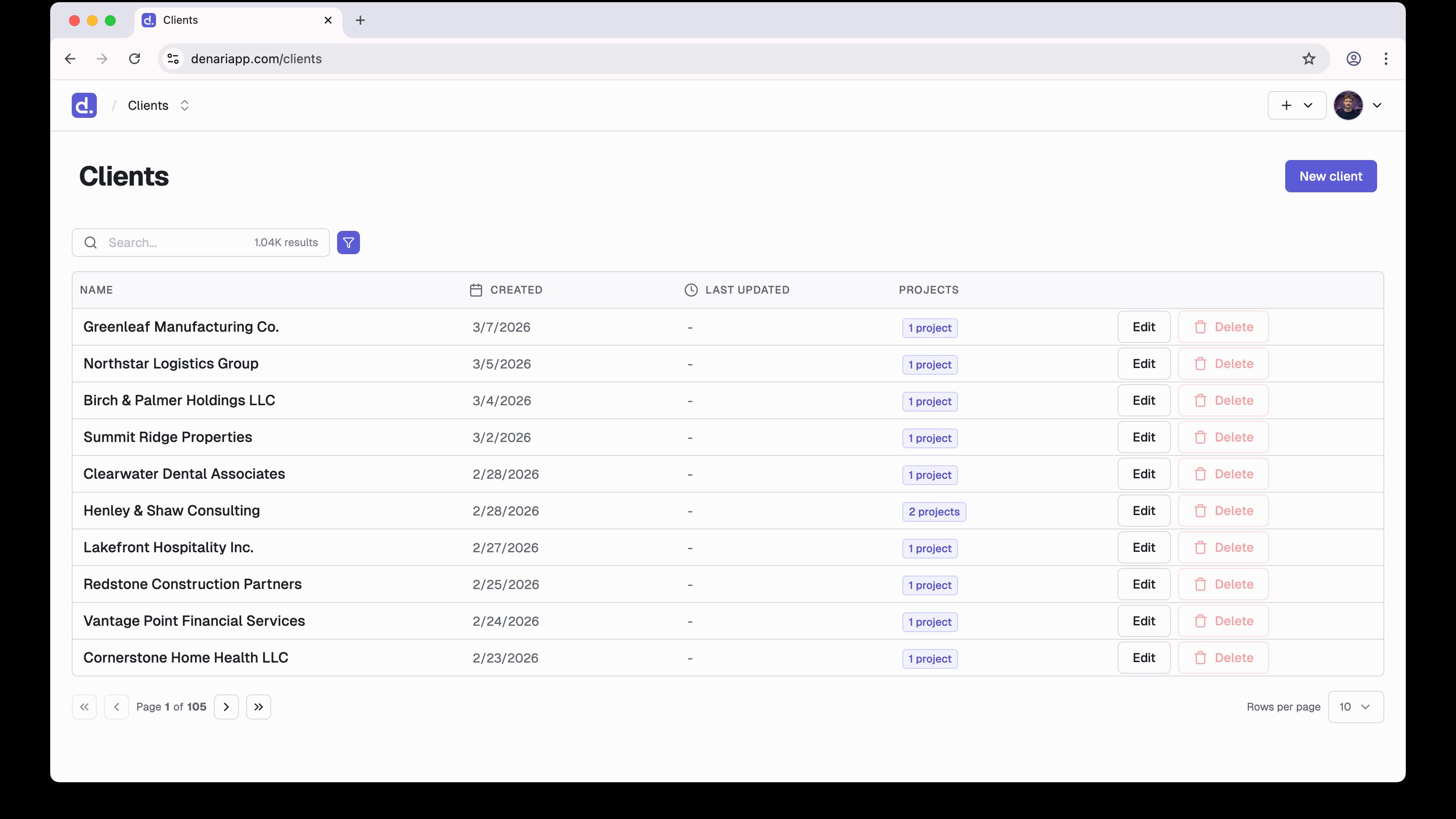 Client list page showing a table of clients with columns for Name, Created, Last Updated, and Projects.