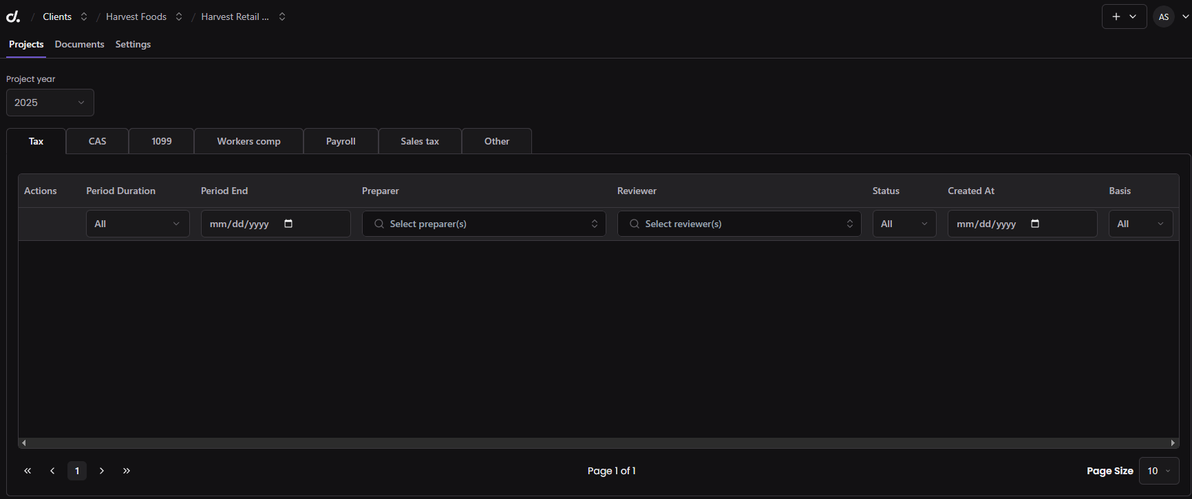 Entity page showing the Projects tab with project type filters, period filters, and a table of associated projects.