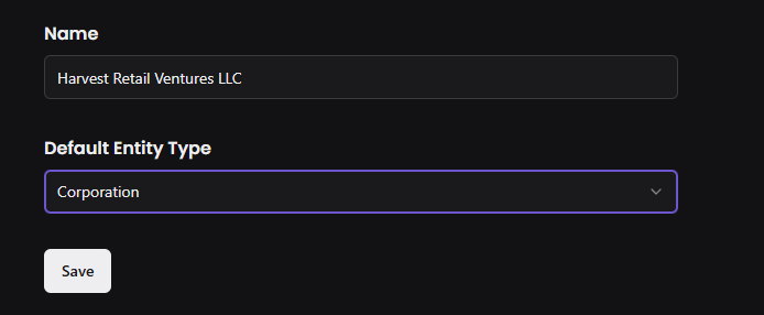 Entity settings showing the Name field and Default Entity Type dropdown set to Corporation.