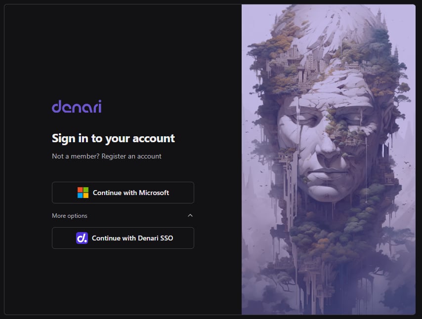 Denari login screen showing Sign in to your account with Continue with Microsoft and Continue with Denari SSO options.