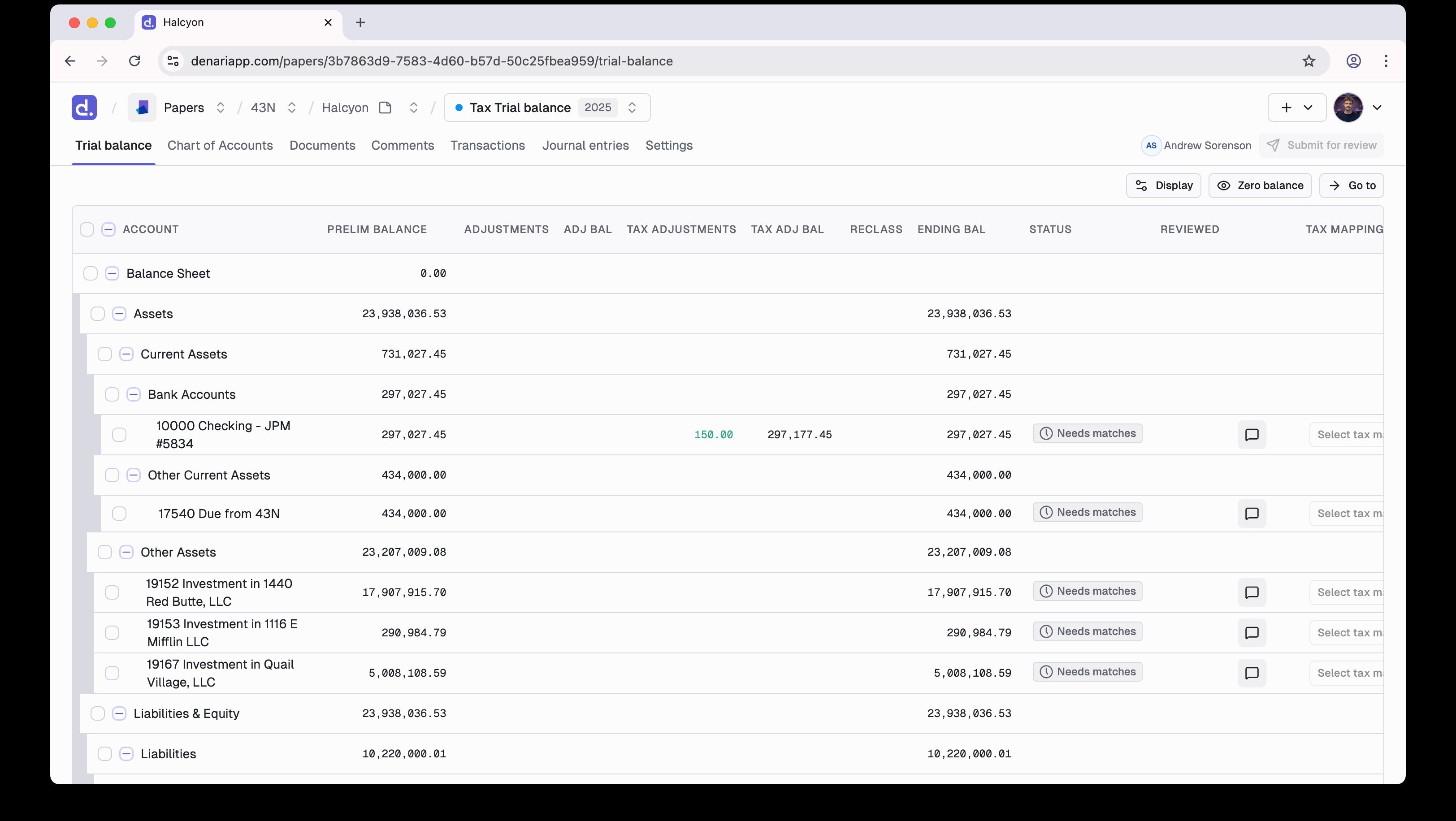Denari Papers trial balance view showing accounts with prelim balances, adjustments, ending balances, and reconciliation statuses.