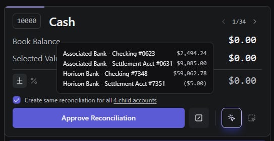 Reconciliation screen showing child accounts with their balances and the option to create the same reconciliation for all child accounts.