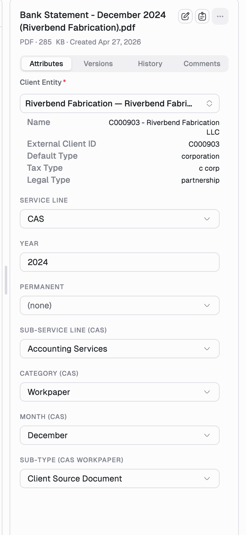 The details pane on the Attributes tab showing Client Entity, Service Line, Year, Permanent, Sub-service line, Category, Month, and Sub-type fields.