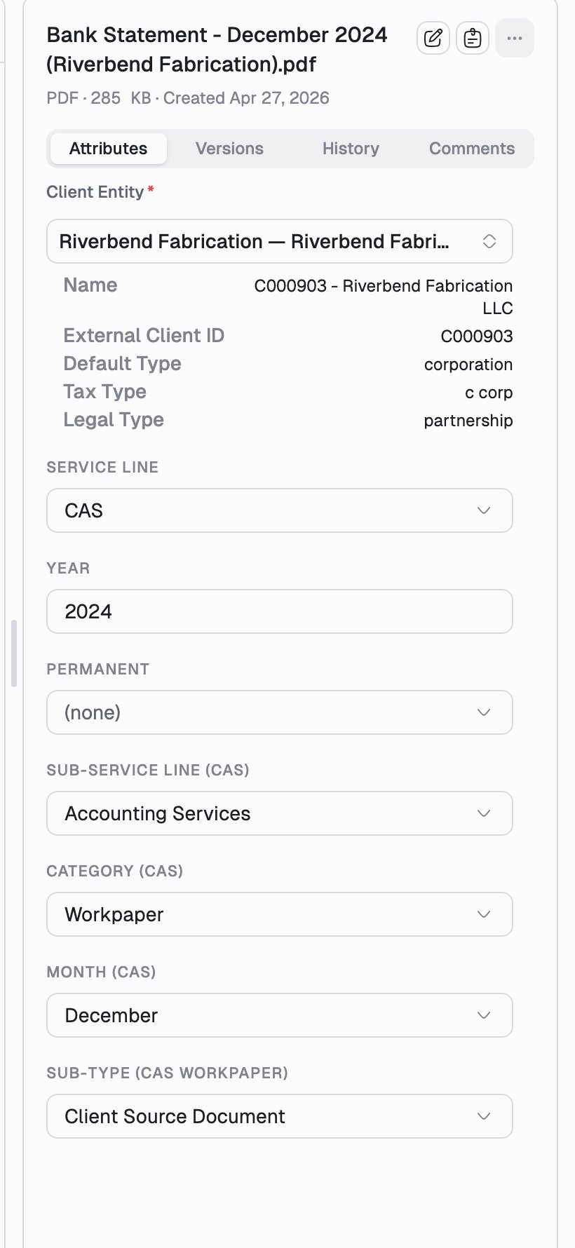 The details pane on the Attributes tab showing Client Entity, Service Line, Year, Permanent, Sub-service line, Category, Month, and Sub-type fields.