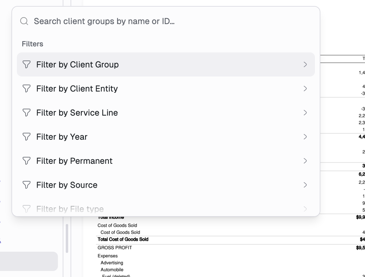 The command menu showing a client group search box and a Filters list with entries for Client Group, Client Entity, Service Line, Year, Permanent, Source, and File type.