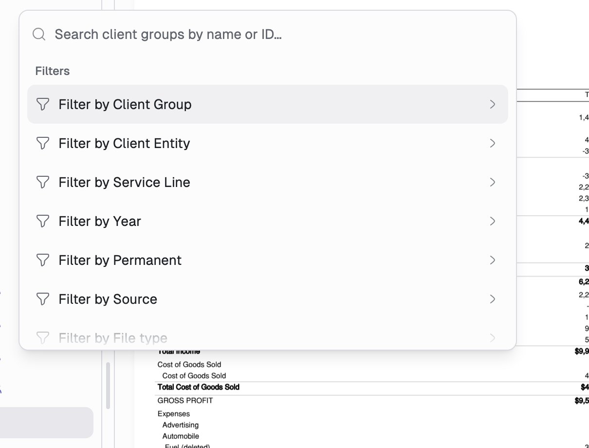 The command menu showing a client group search box and a Filters list with entries for Client Group, Client Entity, Service Line, Year, Permanent, Source, and File type.