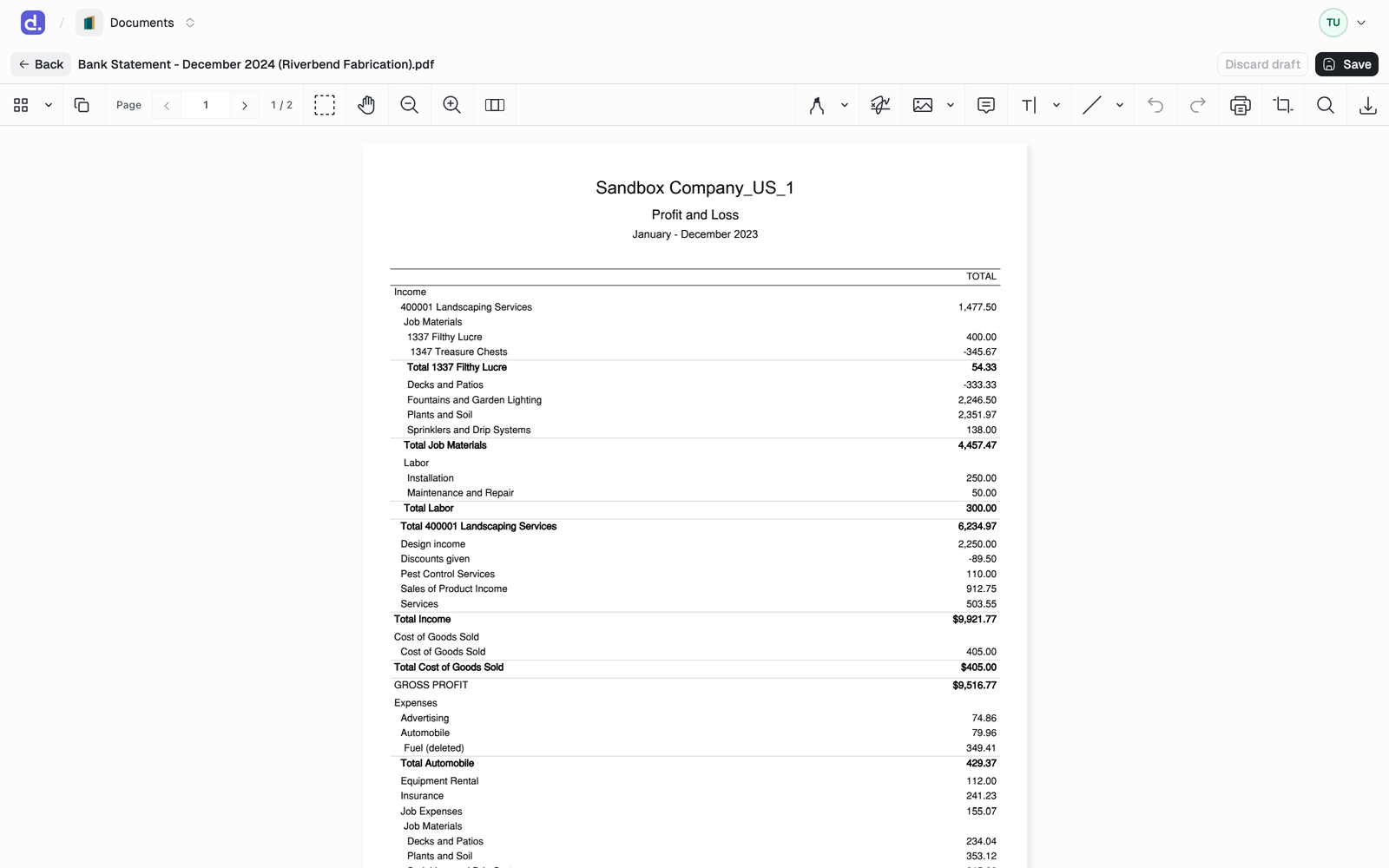 The Denari PDF editor with annotation, image, comment, text, and shape tools in the toolbar, and Discard draft and Save in the header.