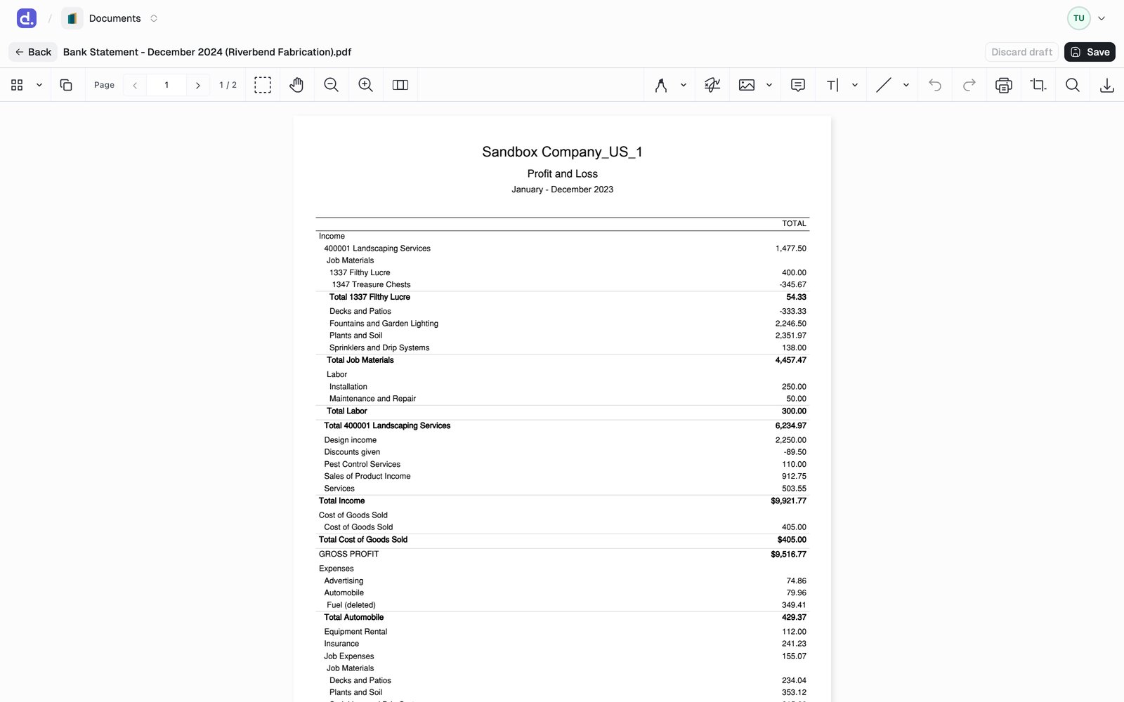 The Denari PDF editor with annotation, image, comment, text, and shape tools in the toolbar, and Discard draft and Save in the header.