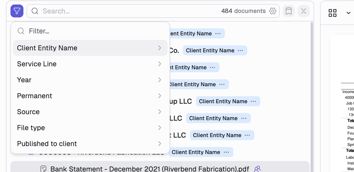 The documents filter menu open with Client Entity Name, Service Line, Year, Permanent, Source, File type, and Published to client.