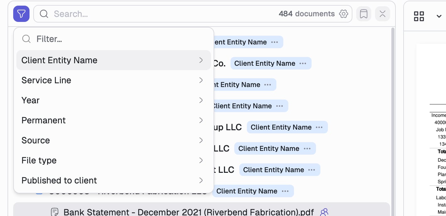The documents filter menu open with Client Entity Name, Service Line, Year, Permanent, Source, File type, and Published to client.