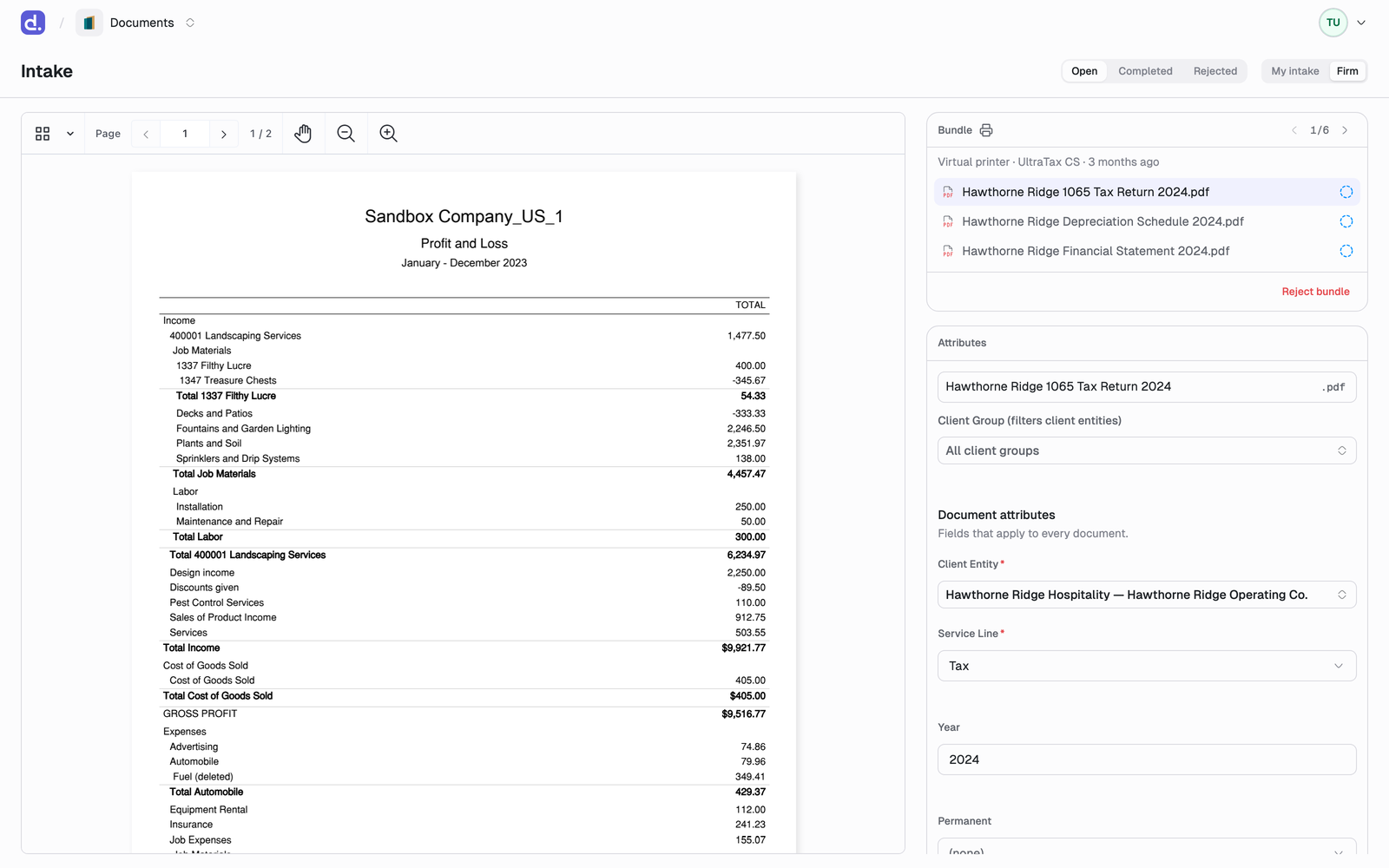 The Intake page on the Firm tab showing a virtual printer bundle of three UltraTax documents with an attributes card for the selected document.